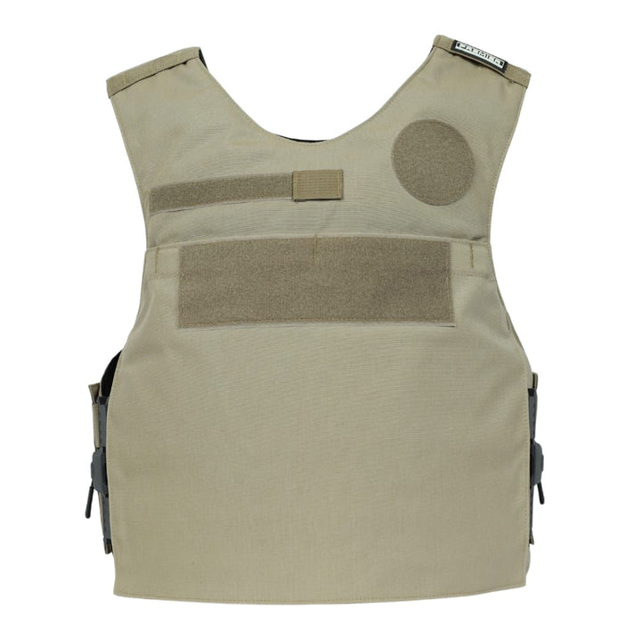 The Premier Body Armor Rapid Duty Vest in tan, featuring Velcro front patches and adjustable side straps as an external armor carrier, is laid flat on a white background.