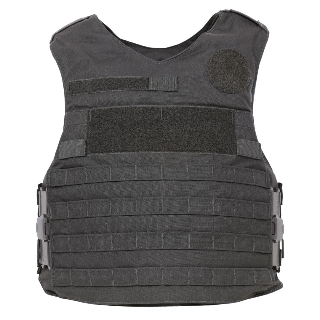 The Premier Body Armor Rapid Duty Vest is displayed against a white background, featuring multiple horizontal straps, Velcro patches, and adjustable side buckle closures.