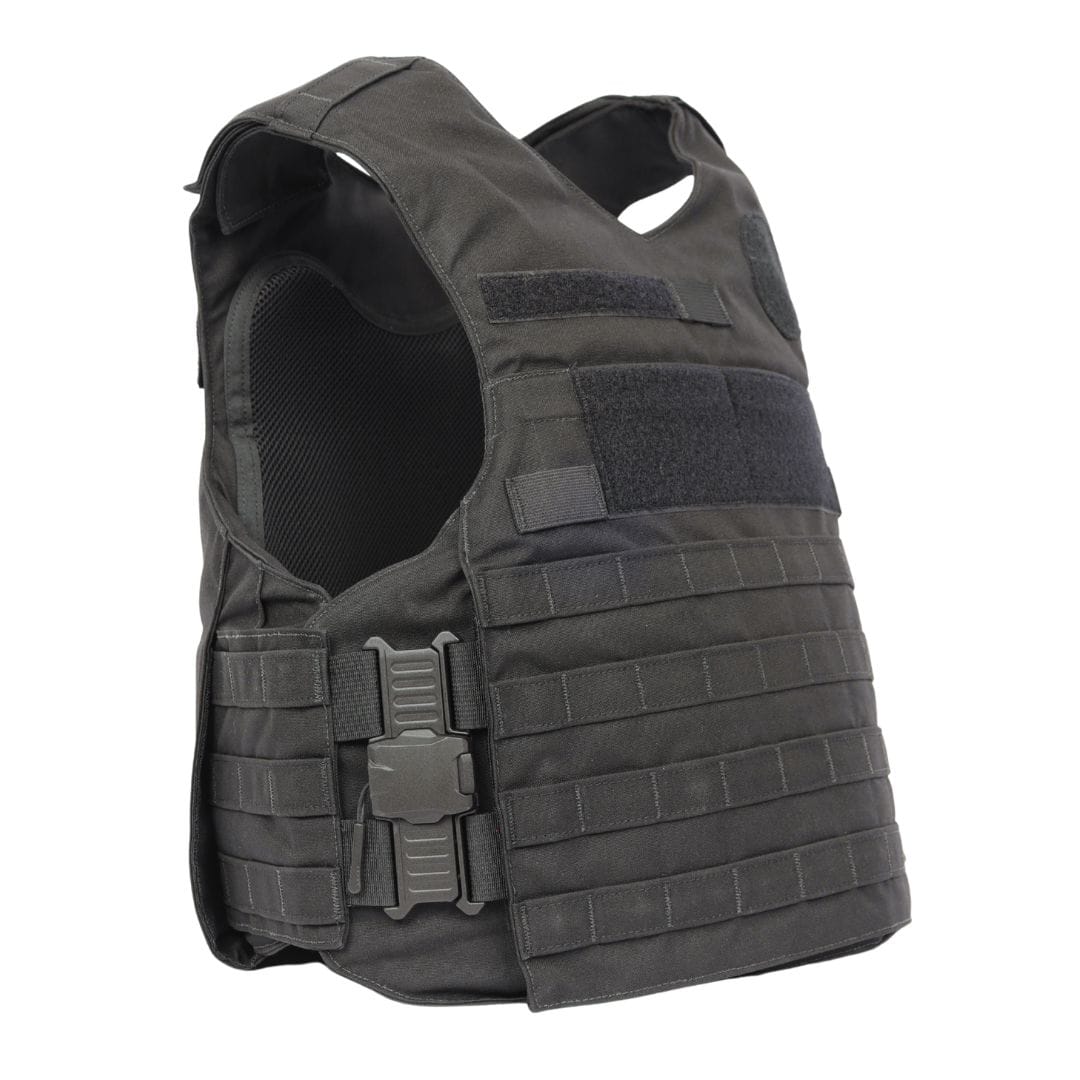 The Premier Body Armor Rapid Duty Vest is a black quick-release vest with adjustable straps, front and side MOLLE webbing, hook-and-loop panels, and a large side plastic buckle. Shown as an external armor carrier against a white background.