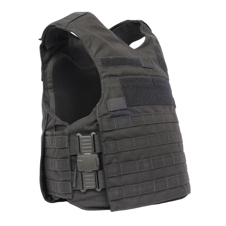 The Premier Body Armor Rapid Duty Vest is a black quick-release vest with adjustable straps, front and side MOLLE webbing, hook-and-loop panels, and a large side plastic buckle. Shown as an external armor carrier against a white background.