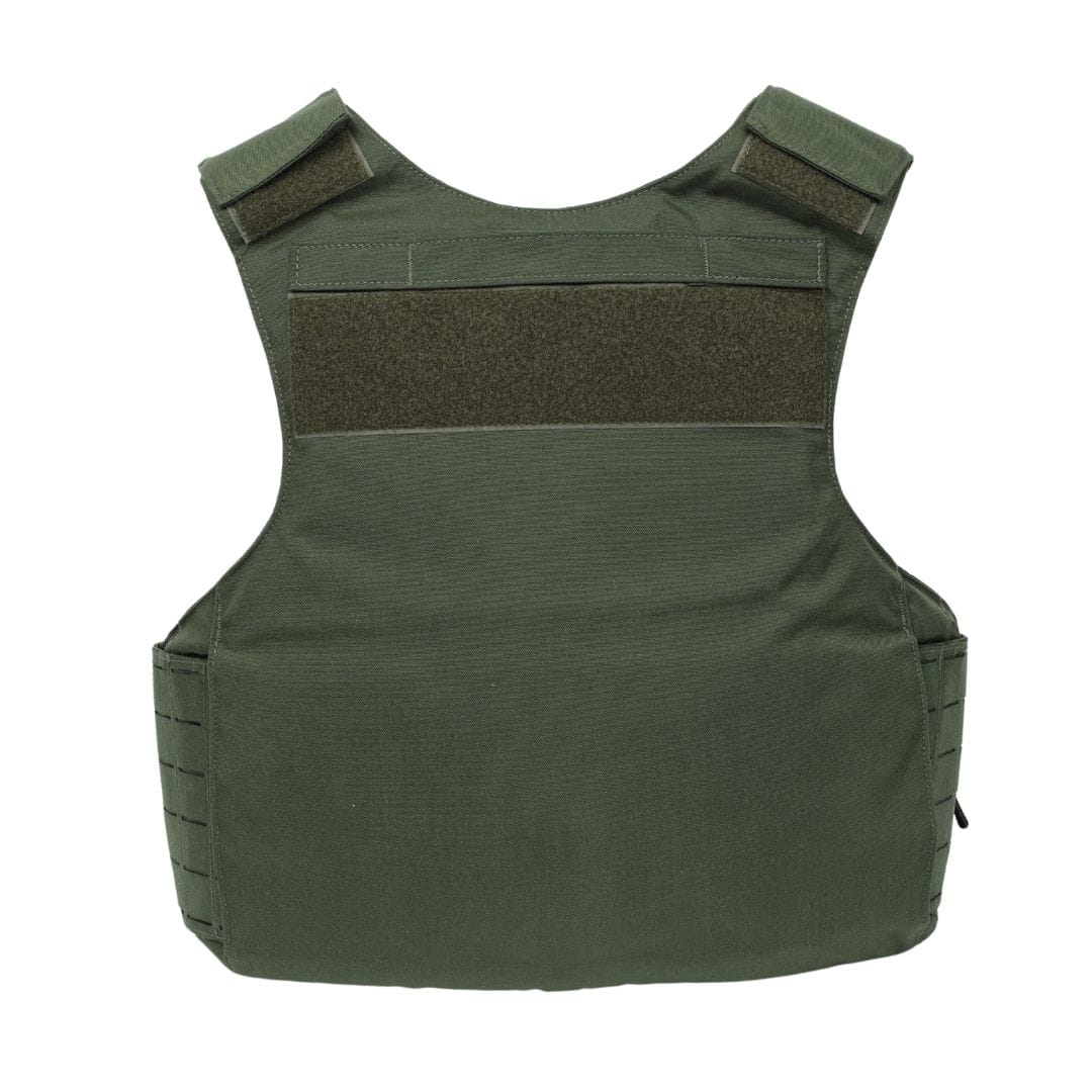 The Premier Body Armor Rapid Duty Vest is shown from the back against a white background, featuring green fabric, Velcro shoulder straps, and a horizontal chest patch in a simple, functional external armor carrier design.