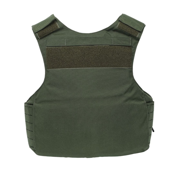 The Premier Body Armor Rapid Duty Vest is shown from the back against a white background, featuring green fabric, Velcro shoulder straps, and a horizontal chest patch in a simple, functional external armor carrier design.