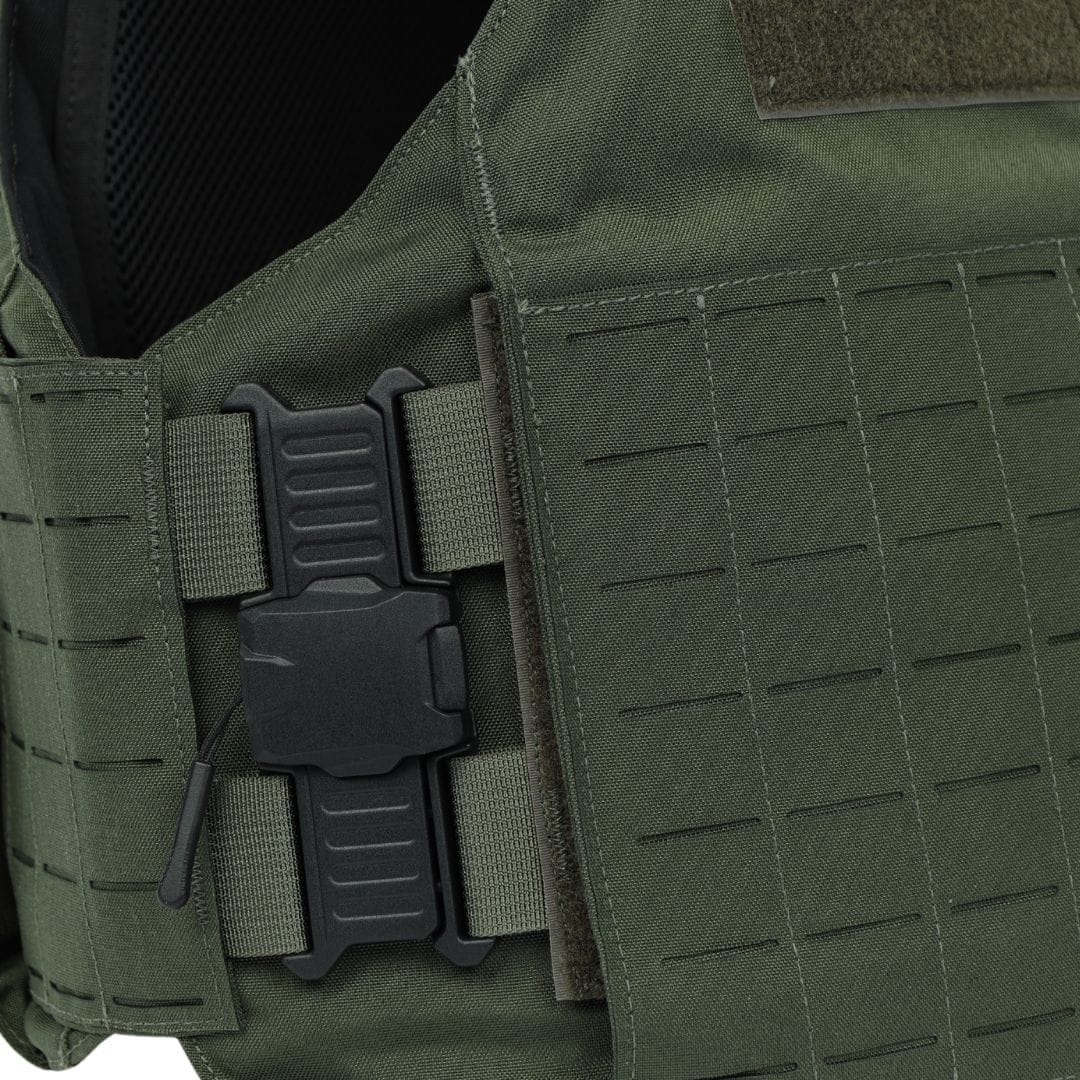 Close-up of the Premier Body Armor Rapid Duty Vest in olive green, featuring a black plastic buckle, textured straps, reinforced stitching, and Velcro attachment panels.