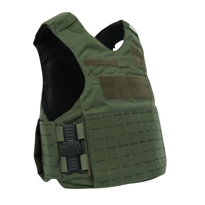 The Premier Body Armor Rapid Duty Vest is a green quick-release vest with black buckles, multiple Velcro straps, and attachment points, shown on a white background. Made from durable material and designed for protective use.