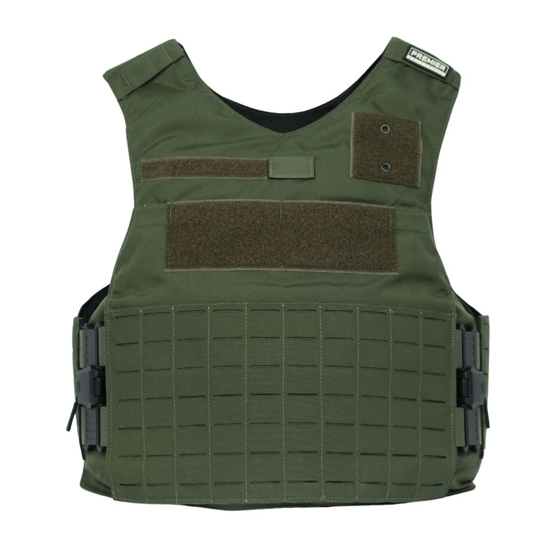 The Premier Body Armor Rapid Duty Vest in green features adjustable side straps, multiple Velcro panels, and front attachment points. This external armor carrier is shown against a plain white background.