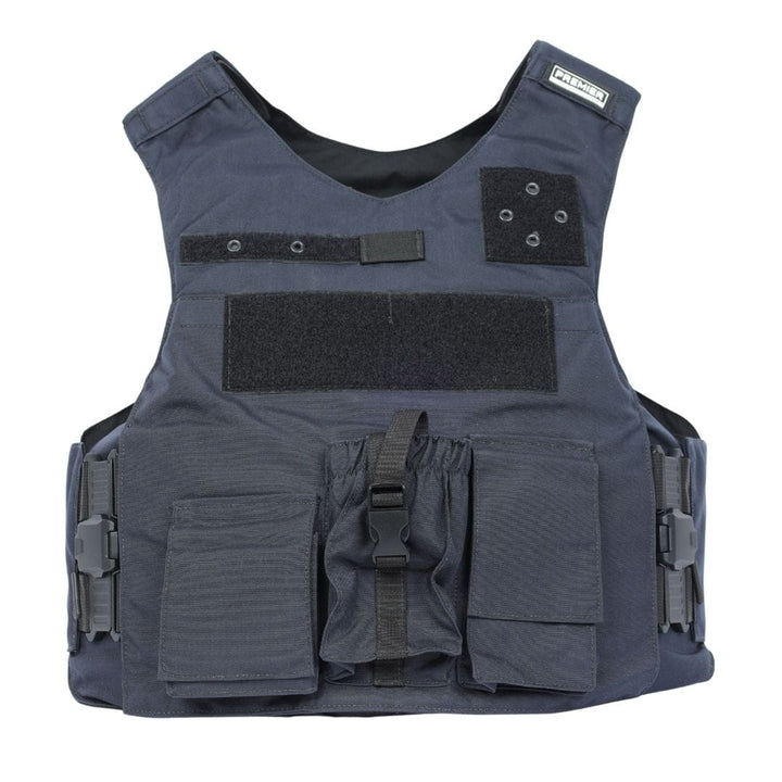 The Premier Body Armor Rapid Duty Vest is black, features multiple pouches, adjustable side straps, Velcro chest panels, and has a small label on the upper right shoulder.