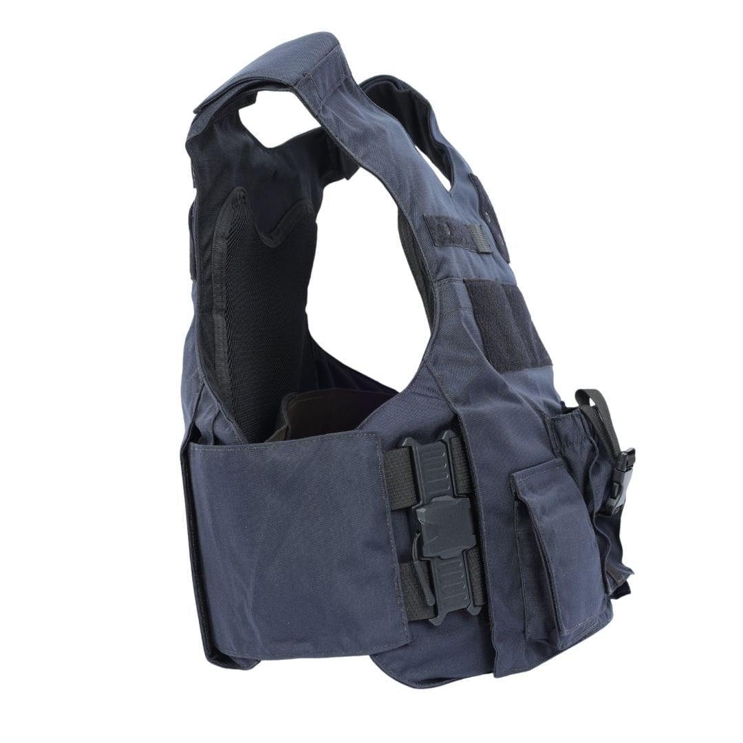 The Premier Body Armor Rapid Duty Vest features adjustable straps, multiple pockets, and clips, displayed from a side angle against a white background.