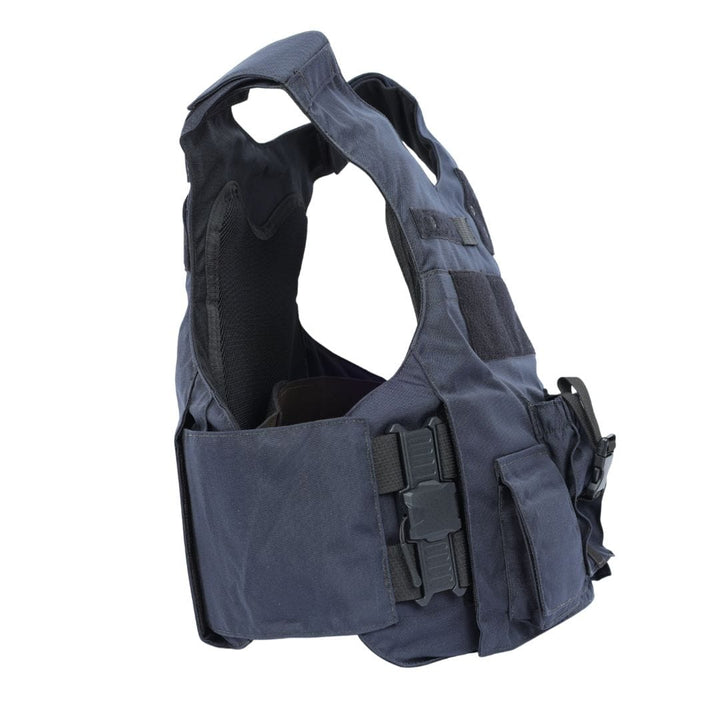 The Premier Body Armor Rapid Duty Vest features adjustable straps, multiple pockets, and clips, displayed from a side angle against a white background.