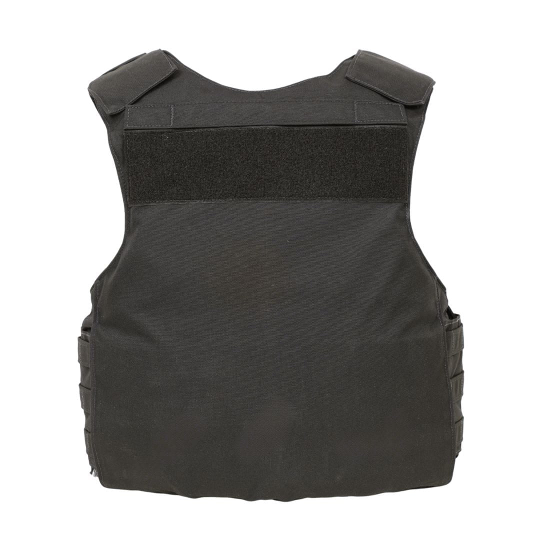 The Premier Body Armor Rapid Duty Vest is shown from the back against a white background, featuring wide shoulder straps, side adjustments, and a horizontal hook-and-loop panel across the upper back.