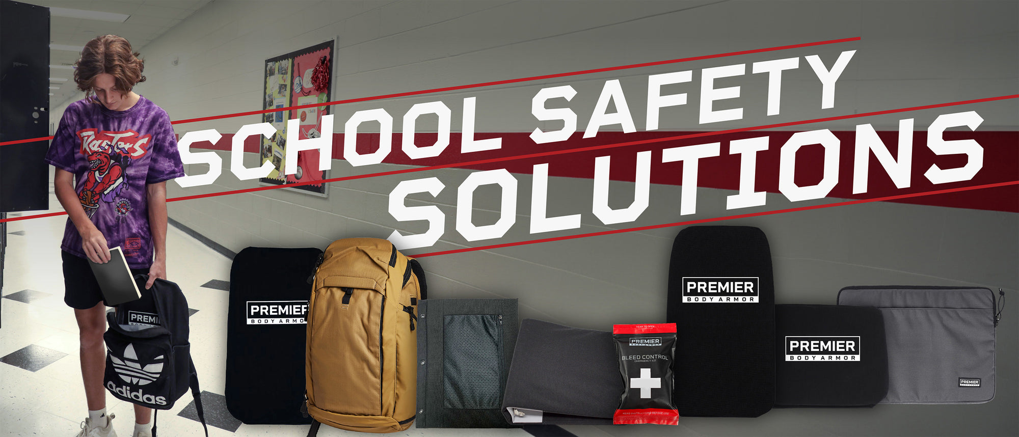 A student in a hallway places a book into an Adidas backpack. The text "School Safety Solutions" spans the top of the image. Below the text are various items, including backpacks, protective panels, and a first aid packet, all branded "Premier Body Armor".