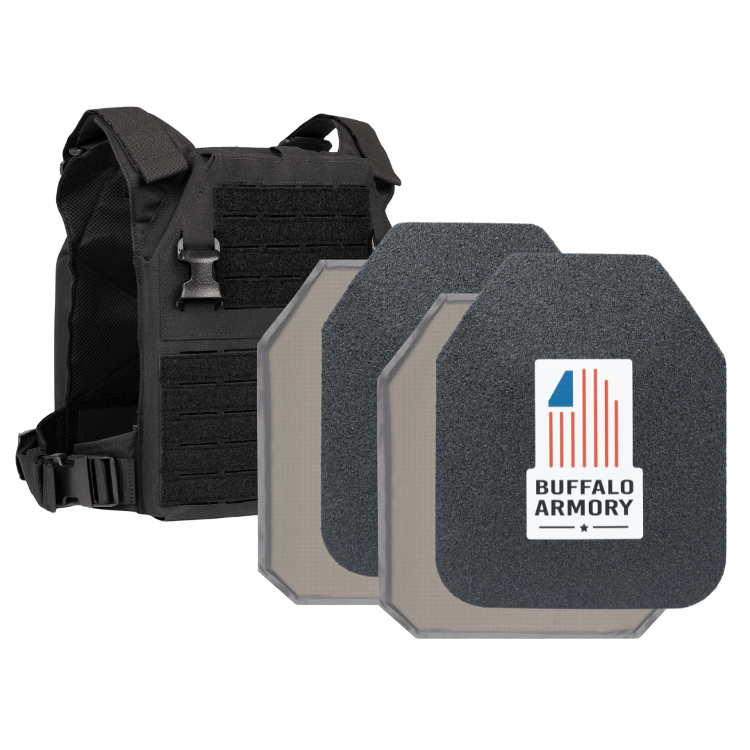 The STAR Multi-Curve Level III+ Loadout by Premier Body Armor is displayed with two rectangular plates, each bearing the Buffalo Armory logo in blue and red. The black vest features multiple straps and attachment points.