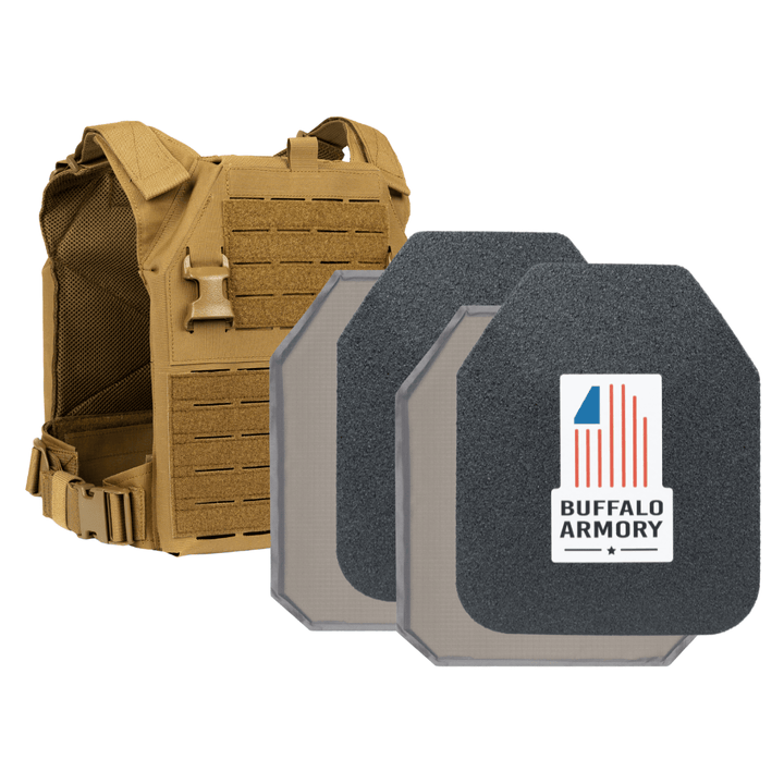 A tan STAR Multi-Curve Level III+ Loadout plate carrier from Premier Body Armor is shown beside two black armor plates featuring the Buffalo Armory logo in red, white, and blue.