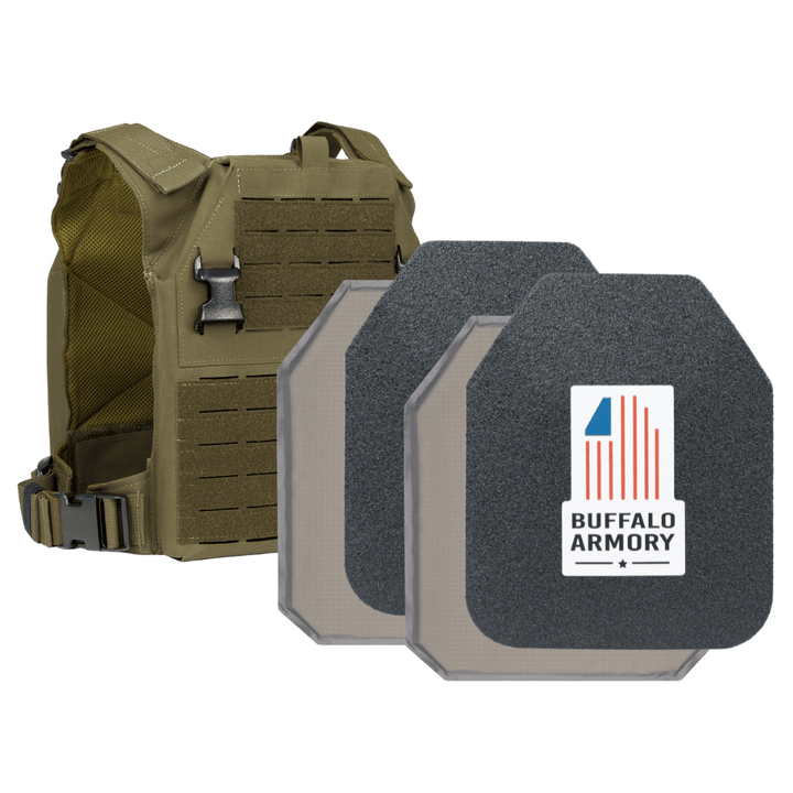 A tan STAR Multi-Curve Level III+ Loadout vest by Premier Body Armor is pictured beside two dark armor plates with beveled top corners, each labeled "Buffalo Armory" with a blue and red logo.