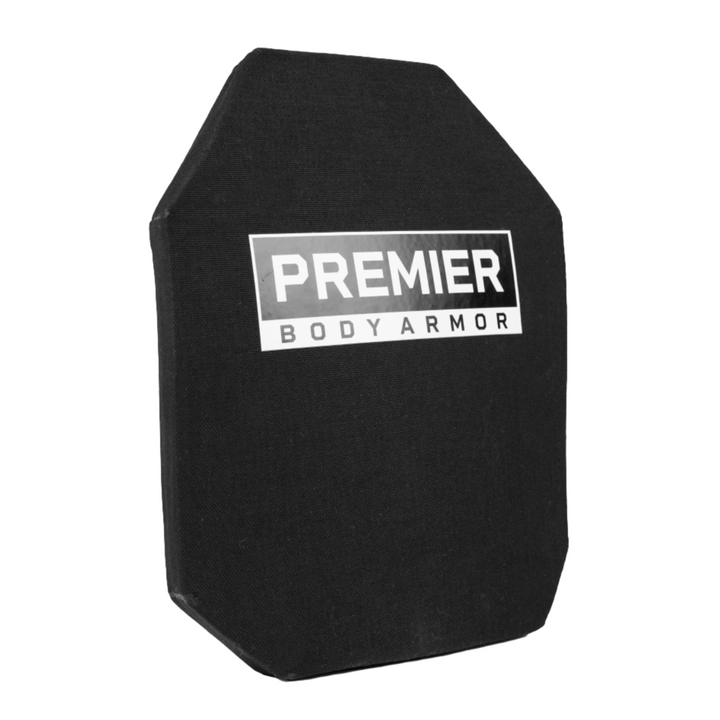 A black STRATIS-Max Level IV Plate by Premier Body Armor, featuring a label with "Premier Body Armor" in white and silver text. This rectangular armor plate has slightly tapered corners at the top and offers NIJ Level IV ballistic protection against severe threats. The background is white.