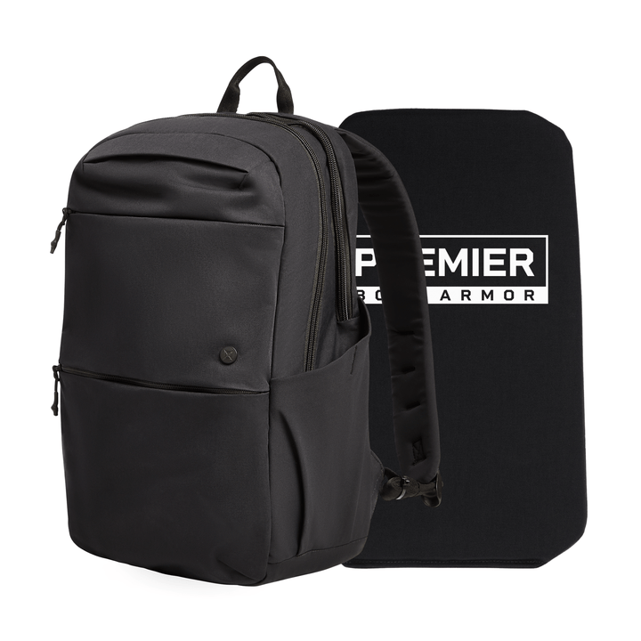 The Armored Vertx Any Day Backpack Bundle by Vertx/Premier is shown in black with two zippered compartments, side pockets, and a rectangular Level IIIA ballistic insert labeled "PREMIER BODY ARMOR" in white text.