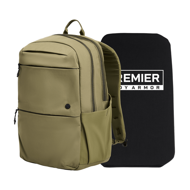 A khaki Vertx/Premier Armored Vertx Any Day Backpack is shown beside a black Level IIIA "PREMIER BODY ARMOR" panel, both part of the Armored Vertx Any Day Backpack Bundle.