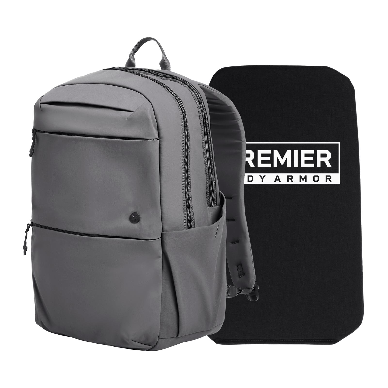 A gray Armored Vertx Any Day Backpack Bundle by Vertx/Premier is displayed next to a Level IIIA ballistic insert, designed to fit inside the backpack for enhanced security.