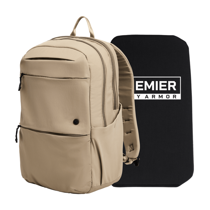 The Armored Vertx Any Day Backpack Bundle by Vertx/Premier features a tan ballistic EDC daypack with multiple zippered compartments, shown alongside a rectangular black ballistic panel labeled "PREMIER ARMOR" in white.