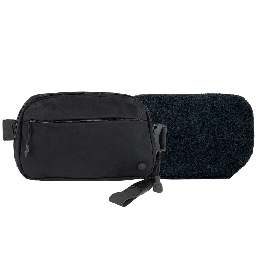 The Vertx/Premier Armored Vertx Everyday Fanny Pack 2.0 Bundle—a compact black pouch with front pocket and tags—rests before a textured pad, both displayed on a white background, highlighting its tactical everyday design.