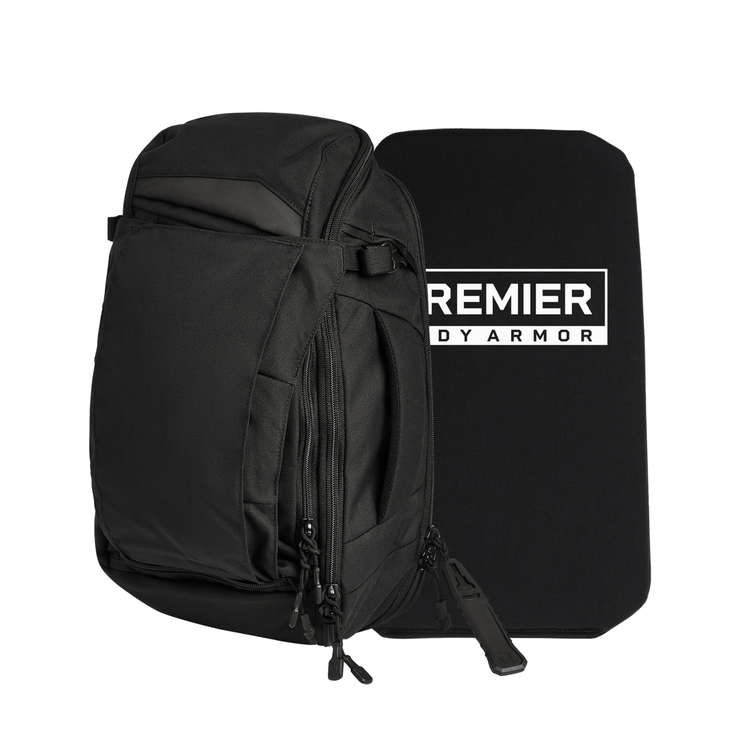 The Armored Vertx Gamut 18L Sling Bundle by Vertx/Premier is shown with a sleek black backpack and a rectangular Level IIIA "PREMIER BODY ARMOR" insert, providing discreet handgun protection in a low-profile design.