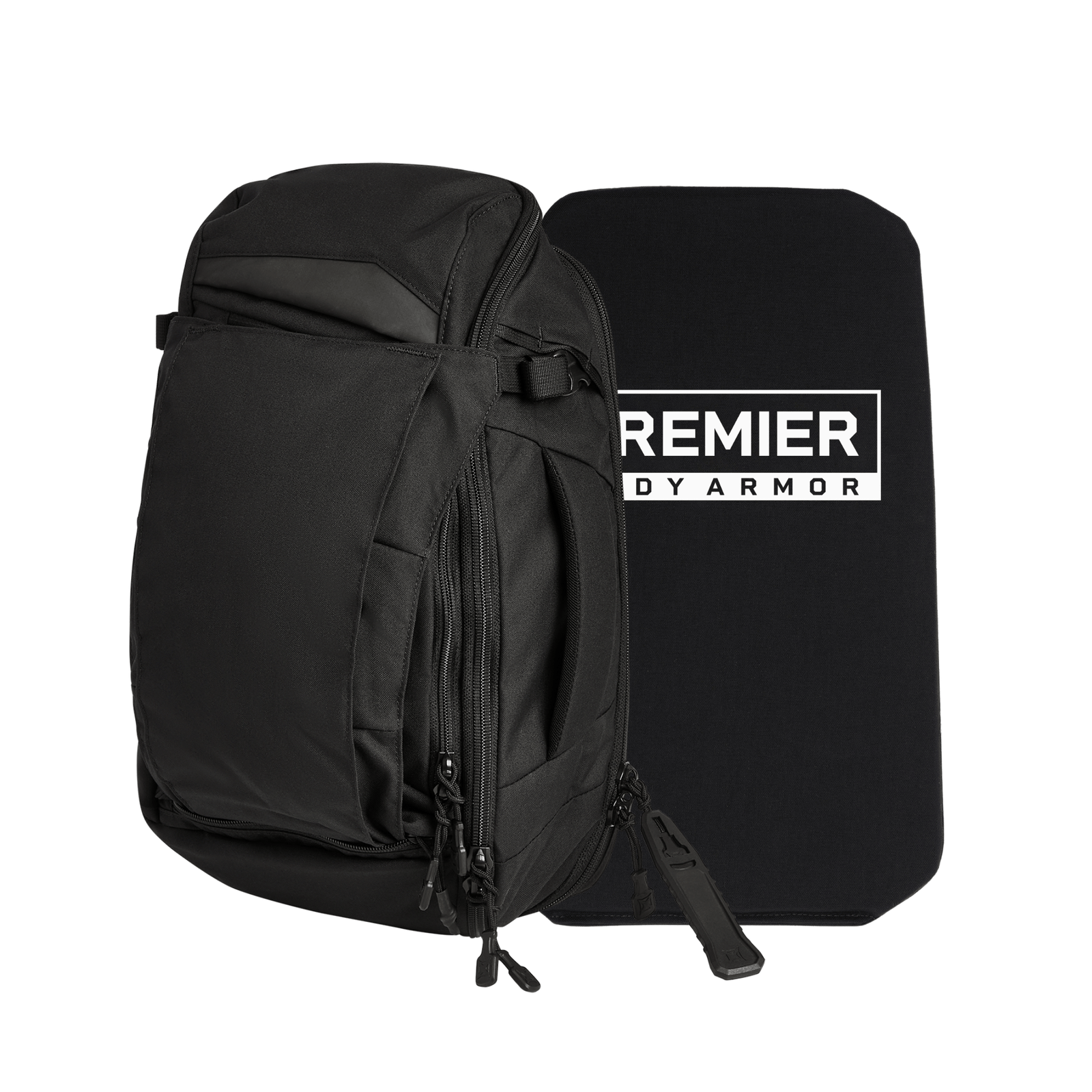 The Armored Vertx Gamut 18L Sling Bundle by Vertx/Premier is shown with a sleek black backpack and a rectangular Level IIIA "PREMIER BODY ARMOR" insert, providing discreet handgun protection in a low-profile design.