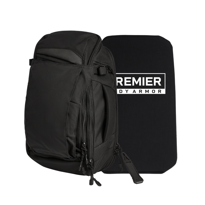 The Armored Vertx Gamut 18L Sling Bundle by Vertx/Premier is shown with a sleek black backpack and a rectangular Level IIIA "PREMIER BODY ARMOR" insert, providing discreet handgun protection in a low-profile design.