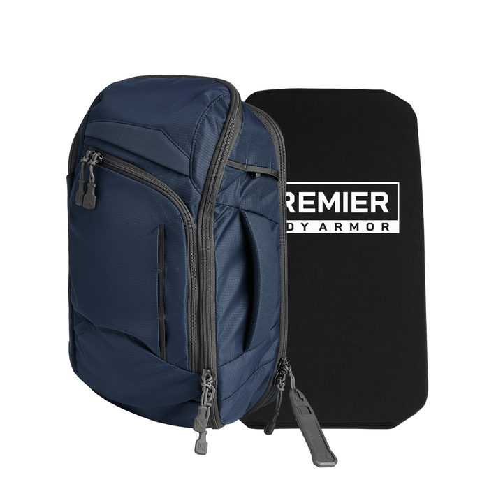 The Armored Vertx Gamut 18L Sling Bundle by Vertx/Premier features a blue sling backpack and a rectangular black ballistic panel labeled "PREMIER BODY ARMOR" in white, providing discreet handgun protection for everyday carry.