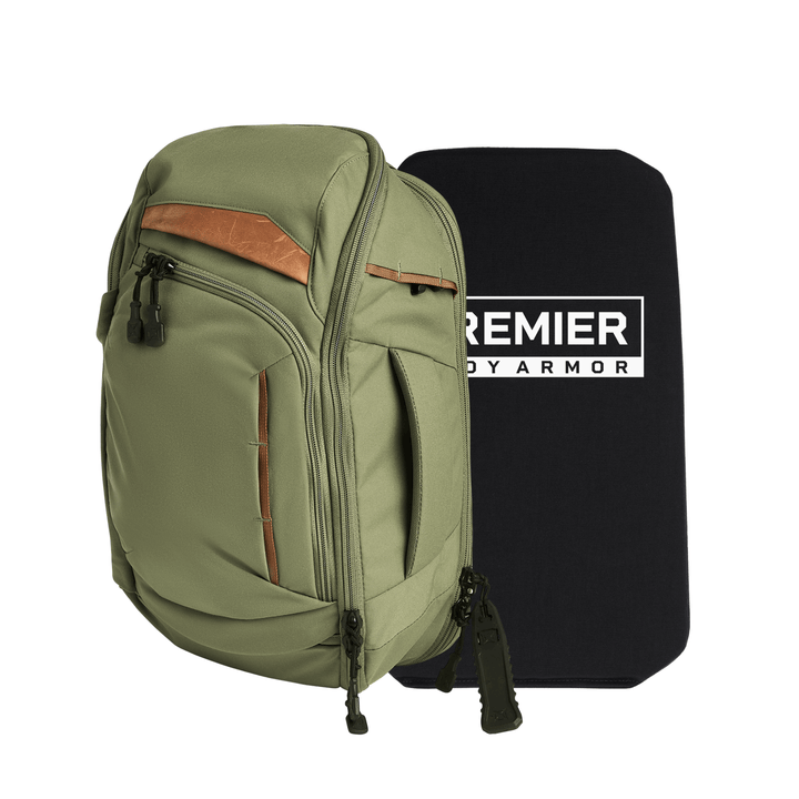 The Armored Vertx Gamut 18L Sling Bundle by Vertx/Premier, a green backpack with brown accents, sits beside a black "PREMIER BODY ARMOR" Level IIIA insert, both shown together on a white background for discreet handgun protection.