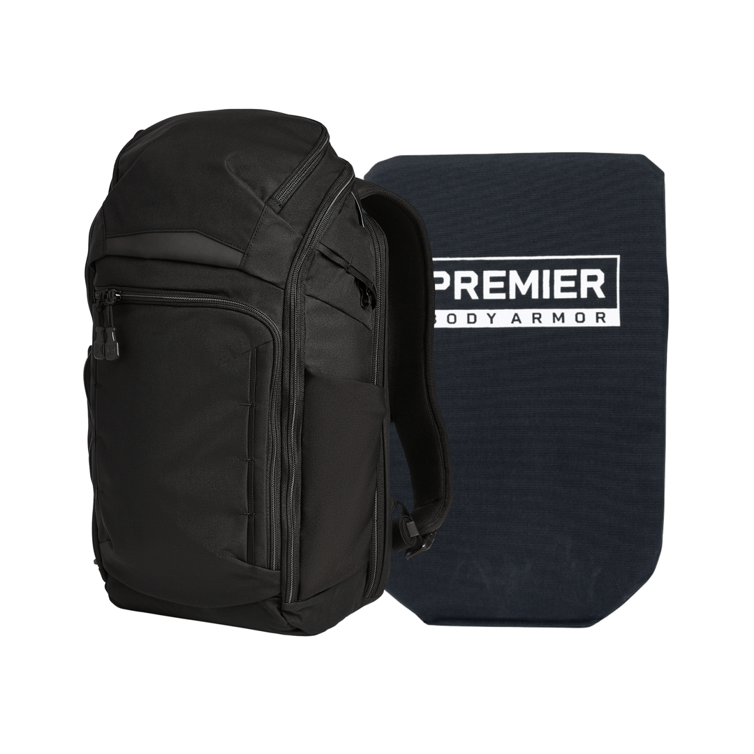 A black Vertx Armored Gamut 22L Pack is shown next to a rectangular black Level IIIA Premier insert labeled "PREMIER BODY ARMOR" in white.