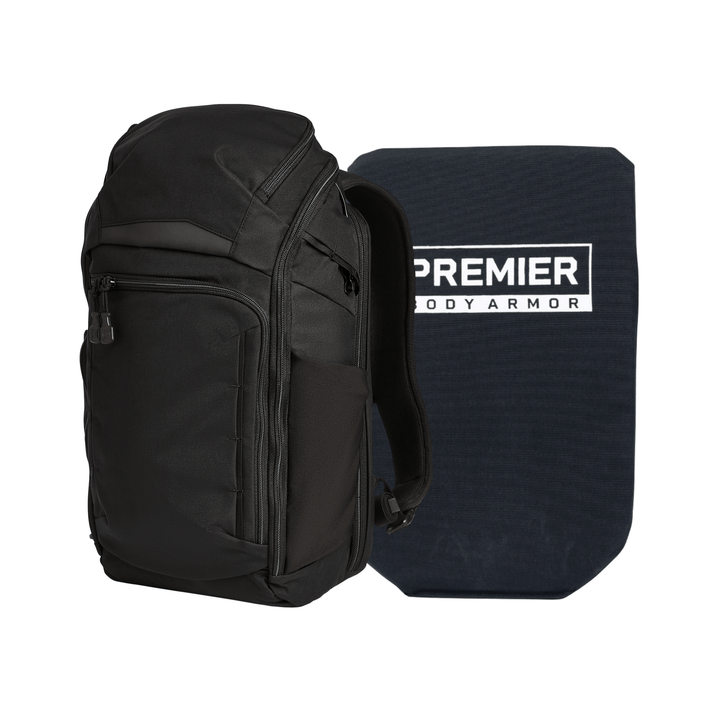 A black Vertx Armored Gamut 22L Pack is shown next to a rectangular black Level IIIA Premier insert labeled "PREMIER BODY ARMOR" in white.