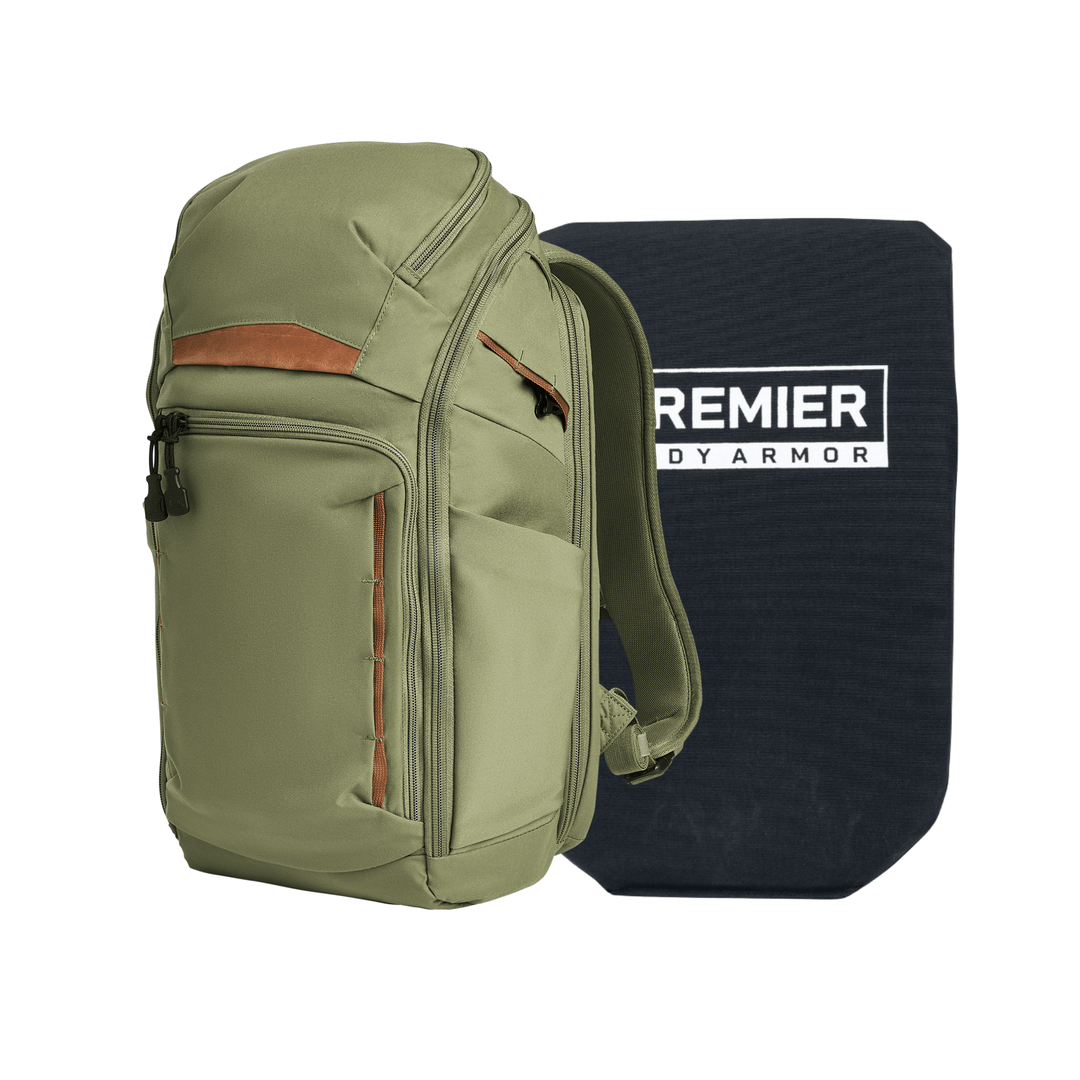 The Armored Vertx Gamut 22L Pack Bundle by Vertx/Premier features an olive green EDC backpack with brown accents beside a black soft armor panel marked "PREMIER BODY ARMOR" in white text.