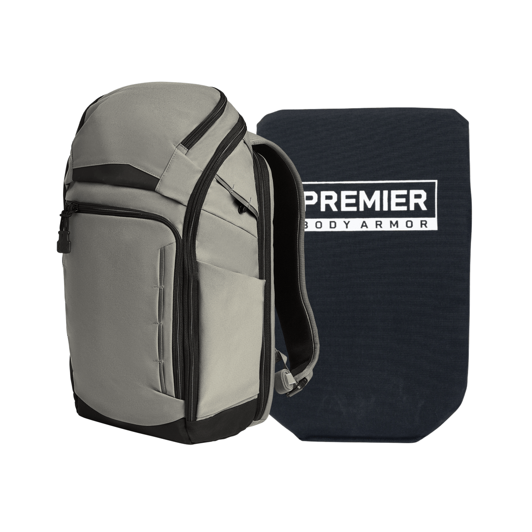 A Vertx/Premier Armored Vertx Gamut 22L Pack Bundle is shown: the gray and black EDC backpack stands upright beside a rectangular black soft armor panel labeled "PREMIER BODY ARMOR," both against a white background.