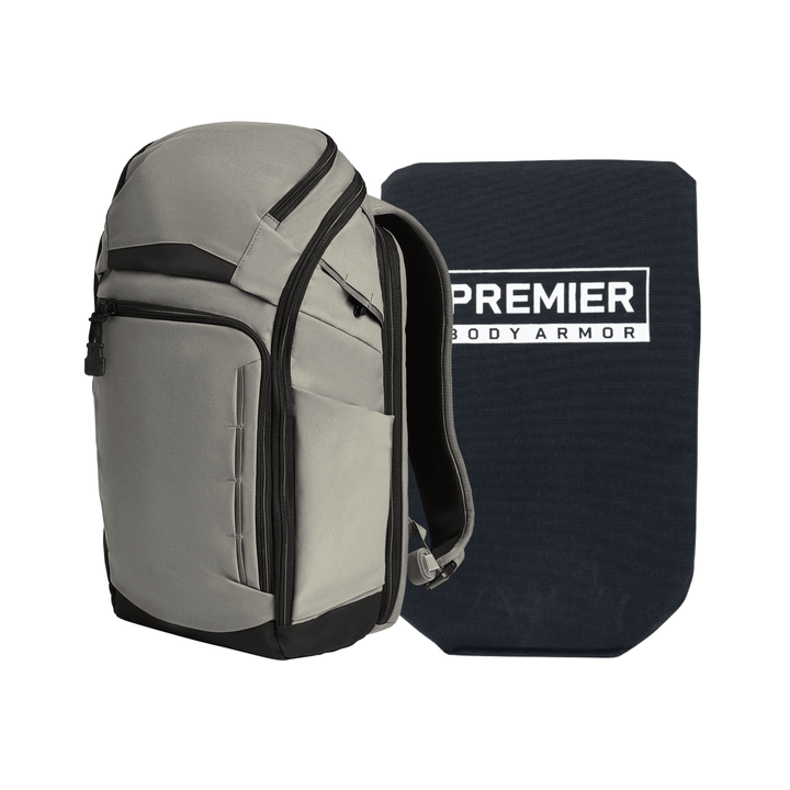 A Vertx/Premier Armored Vertx Gamut 22L Pack Bundle is shown: the gray and black EDC backpack stands upright beside a rectangular black soft armor panel labeled "PREMIER BODY ARMOR," both against a white background.