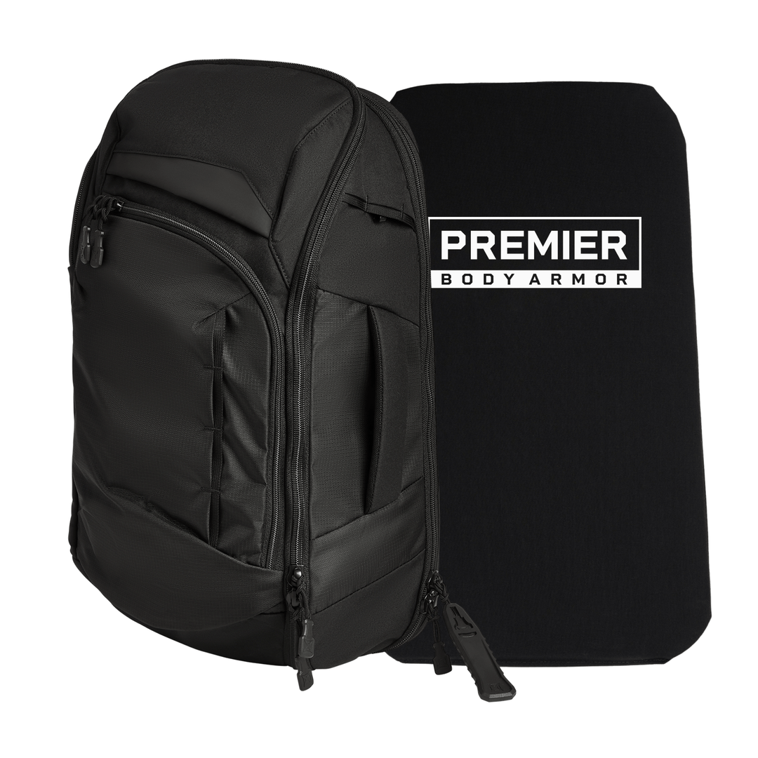 A partially unzipped black Vertx/Premier Armored Gamut 22L Sling Bundle sits beside its Premier Body Armor Level IIIA ballistic panel, with the insert visible inside.
