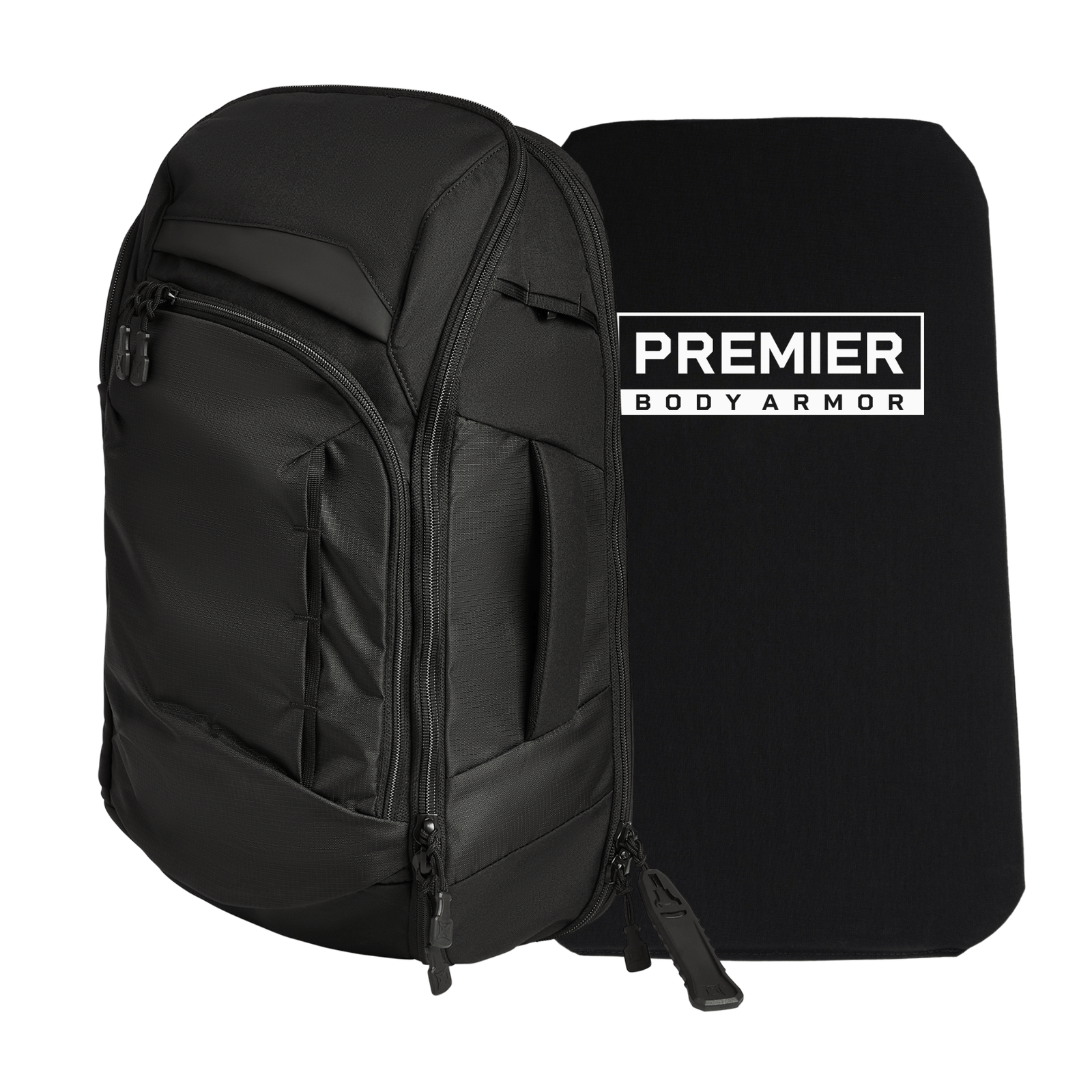 A partially unzipped black Vertx/Premier Armored Gamut 22L Sling Bundle sits beside its Premier Body Armor Level IIIA ballistic panel, with the insert visible inside.