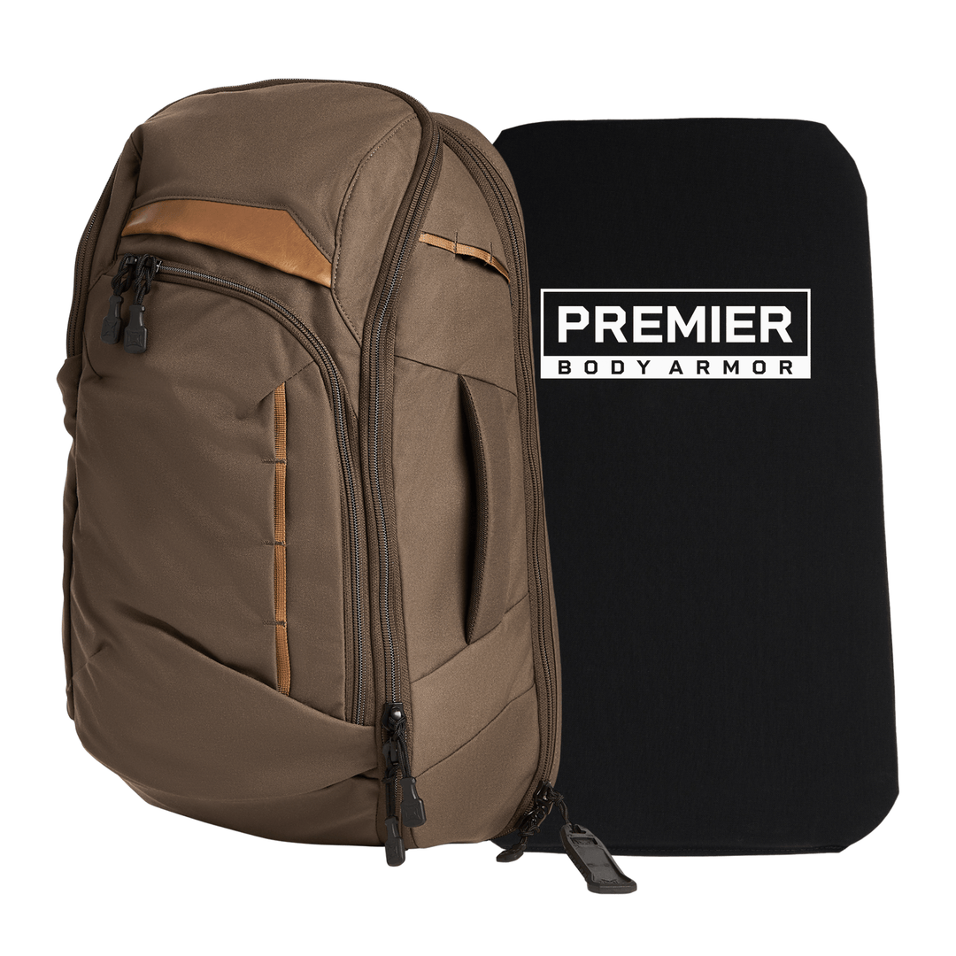 The Armored Vertx Gamut 22L Sling Bundle by Vertx/Premier features a tan backpack and a black Level IIIA insert, offering added protection and everyday carry versatility.
