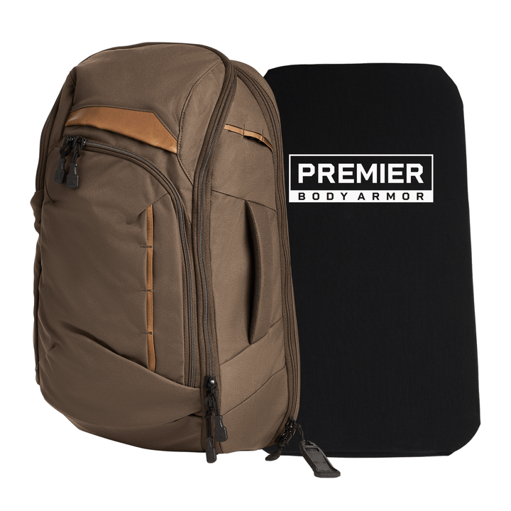 The Armored Vertx Gamut 22L Sling Bundle by Vertx/Premier features a tan backpack and a black Level IIIA insert, offering added protection and everyday carry versatility.