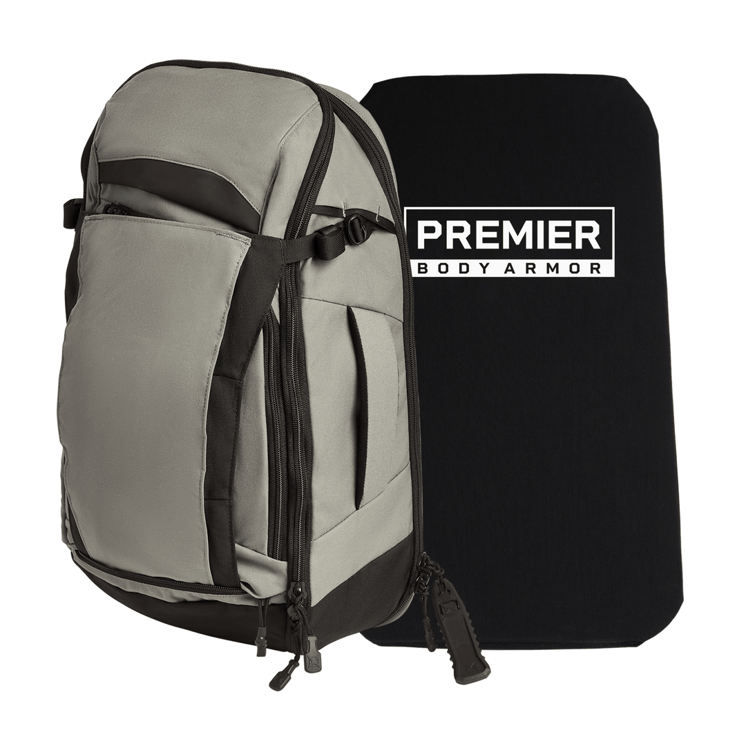 The Vertx/Premier Armored Vertx Gamut 22L Sling Bundle is displayed, featuring a gray and black backpack alongside a rectangular black Level IIIA insert labeled "Premier Body Armor.