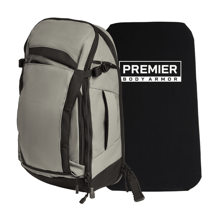 The Vertx/Premier Armored Vertx Gamut 22L Sling Bundle is displayed, featuring a gray and black backpack alongside a rectangular black Level IIIA insert labeled "Premier Body Armor.