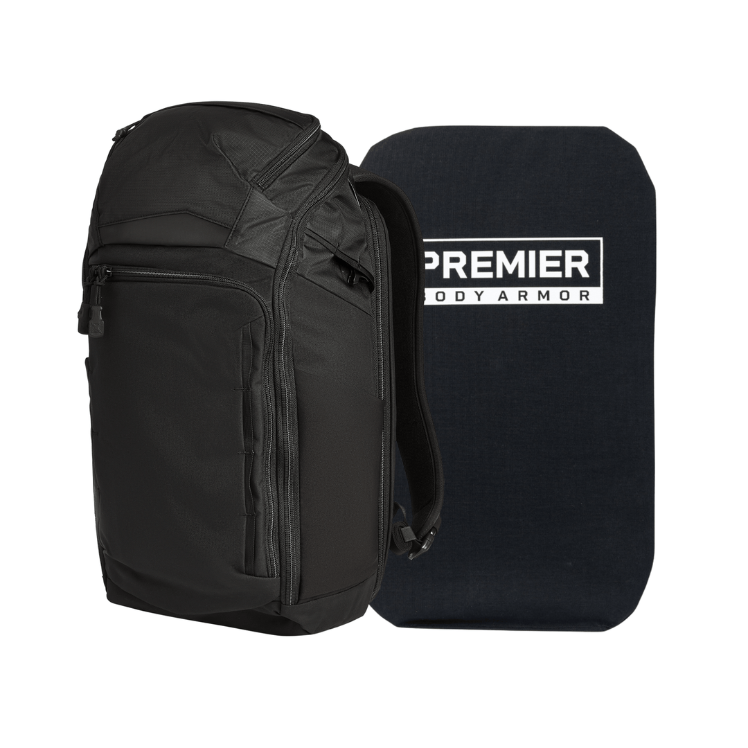 The Armored Vertx Gamut 26L Pack Bundle by Vertx/Premier, featuring a black EDC backpack and Level IIIA armor panel with "PREMIER BODY ARMOR" in white, is displayed upright against a white background.