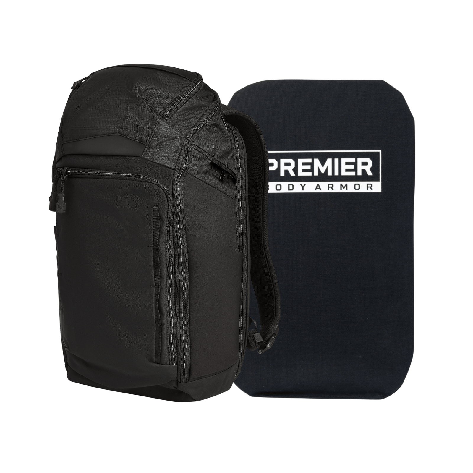 The Armored Vertx Gamut 26L Pack Bundle by Vertx/Premier, featuring a black EDC backpack and Level IIIA armor panel with "PREMIER BODY ARMOR" in white, is displayed upright against a white background.