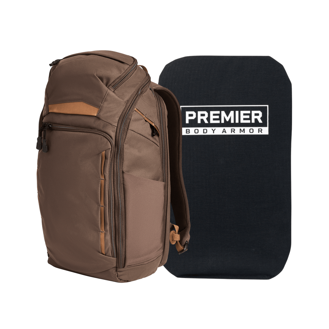 The Vertx/Premier Armored Gamut 26L Pack Bundle, featuring a brown/tan EDC backpack and a black rectangular Level IIIA "Premier Body Armor" insert, is displayed on a plain white background.