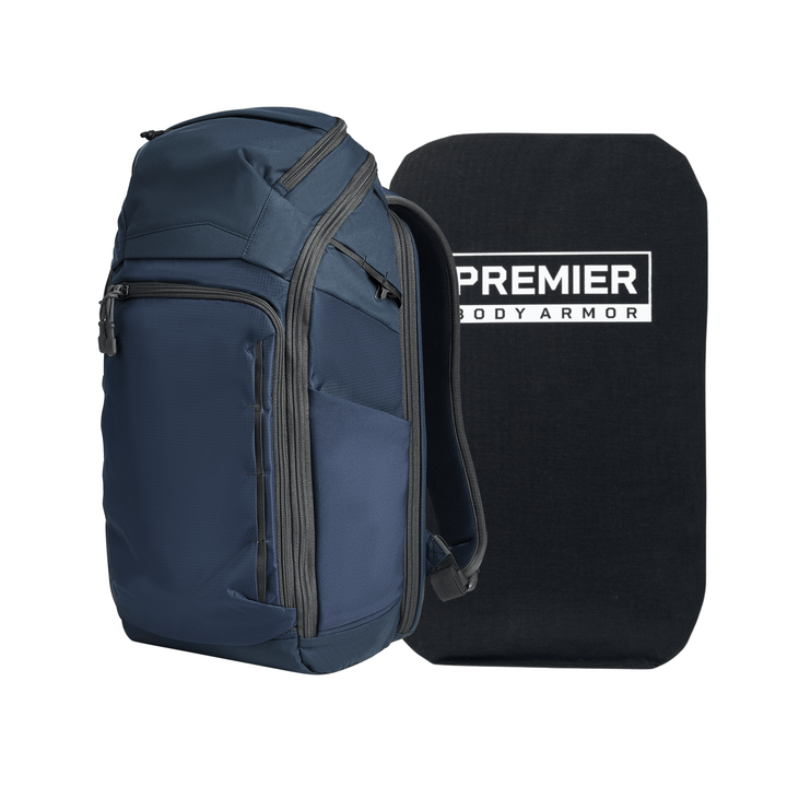 A blue Vertx/Premier Armored Vertx Gamut 26L Pack Bundle with multiple zippered compartments is shown next to a rectangular black Level IIIA insert labeled "Premier Body Armor" for concealed handgun protection.