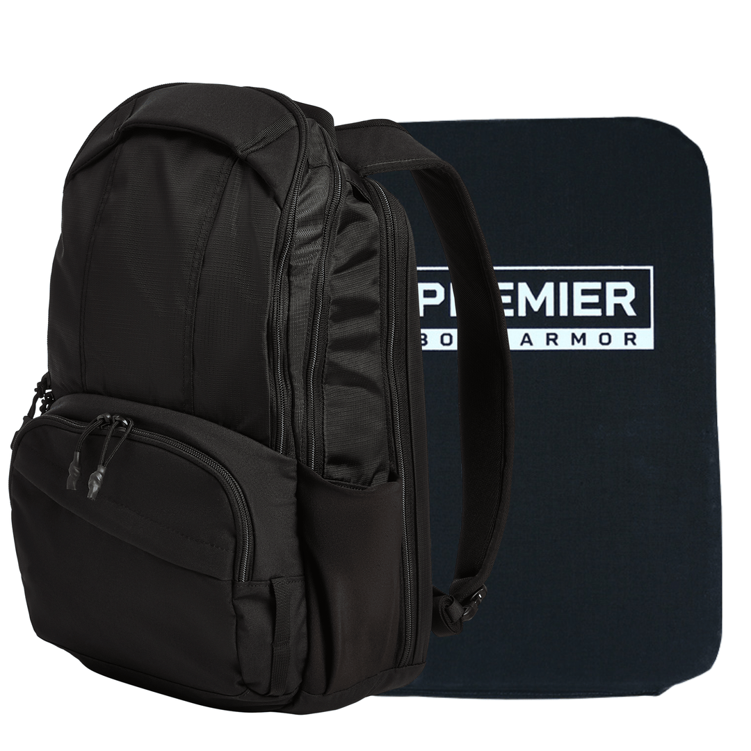 An Armored Vertx Ready Pack X by Vertx/Premier is displayed beside a black Level IIIA Ballistic Insert with "PREMIER BODY ARMOR" in white, both set against a plain white background.
