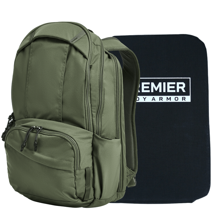 A green Armored Vertx Ready Pack X by Vertx/Premier is displayed before a flat black panel labeled "PREMIER BODY ARMOR" in white, featuring a Level IIIA Ballistic Insert for enhanced concealed carry protection.