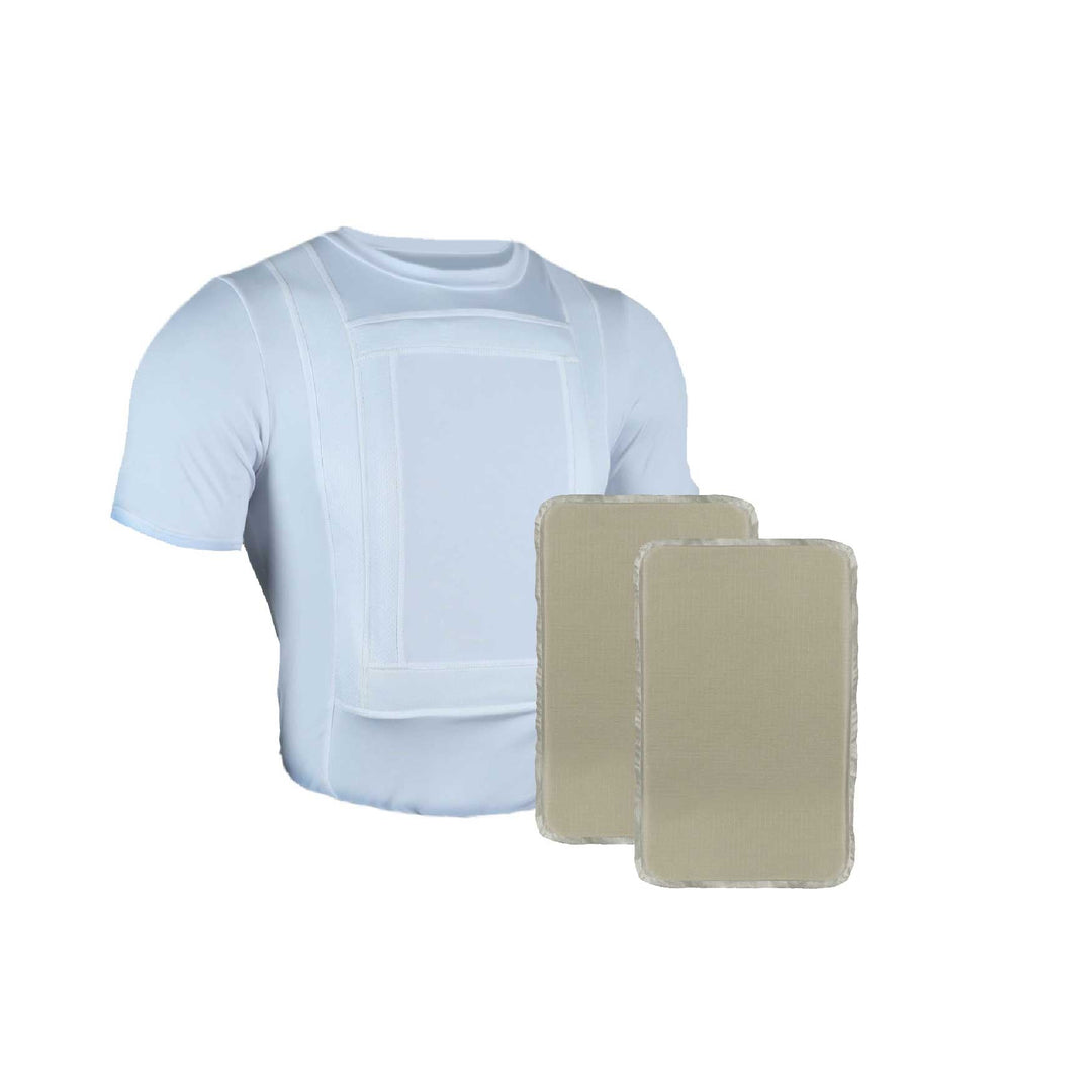 Displayed in the image is a Premier Body Armor Everyday Armor T-Shirt (Armored) in white, accompanied by two rectangular padded inserts. This concealable body armor shirt boasts built-in padding and features a textured front area for potentially additional protective coverage, all set against a plain white background.