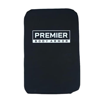 A rectangular black Vertx Ready Pack / Ready Pack X Level IIIA Backpack Insert by Premier Body Armor, with rounded edges and "PREMIER BODY ARMOR" in bold white text—perfect as a ballistic backpack insert.