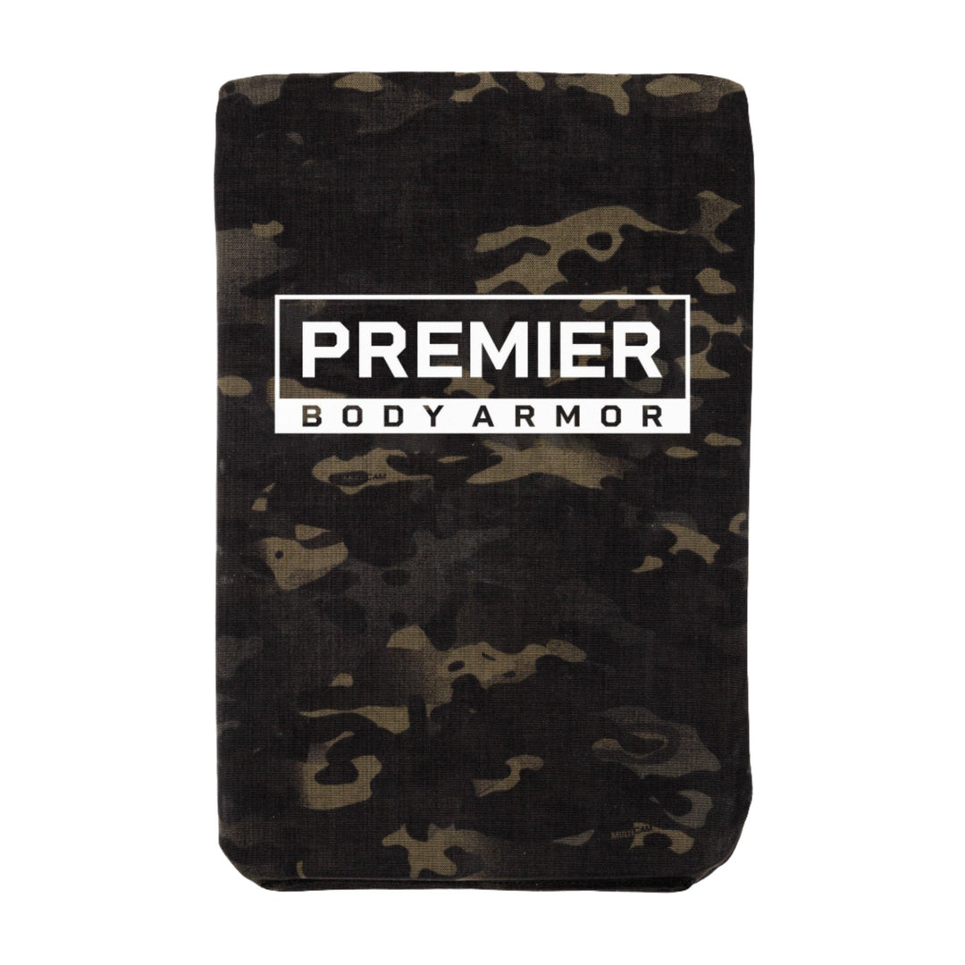 The image depicts a rectangular body armor insert with a camouflage pattern, identified as the Viktos Perimeter 40 Level IIIA Backpack Insert. At the center of the insert, "PREMIER BODY ARMOR" is prominently displayed in bold white letters within a rectangular border. This Level IIIA ballistic panel conforms to NIJ body armor standards. The background is plain white.