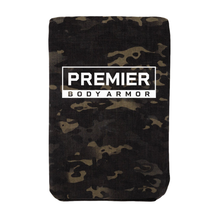 The image depicts a rectangular body armor insert with a camouflage pattern, identified as the Viktos Perimeter 40 Level IIIA Backpack Insert. At the center of the insert, "PREMIER BODY ARMOR" is prominently displayed in bold white letters within a rectangular border. This Level IIIA ballistic panel conforms to NIJ body armor standards. The background is plain white.