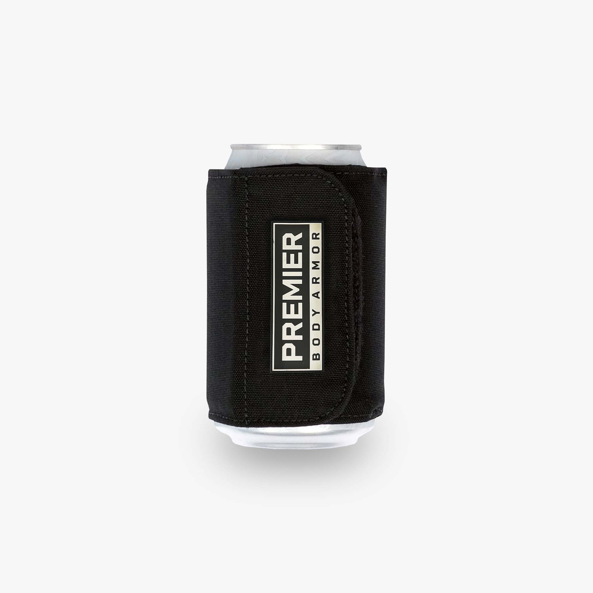 Image of black bulletproof koozie. This can cooler is rated at level 2 body armor.